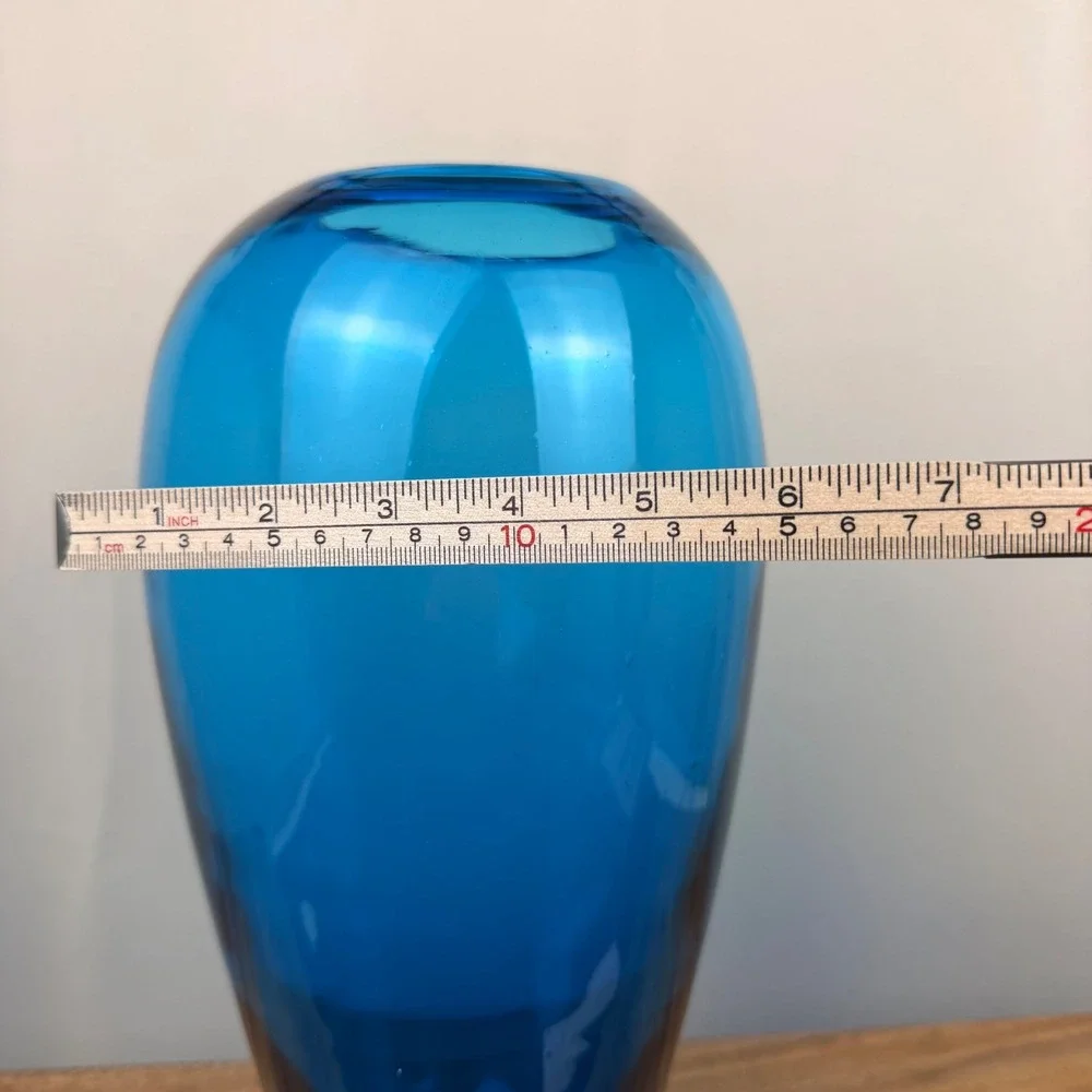 Vintage Hand Blown Blue Glass Vase Large Tapered Ovoid Decorative Vessel 12.5in
